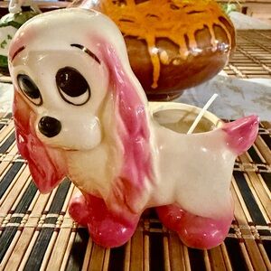 Vintage 1960s ceramic shaped like a sad-eyed puppy dog candle